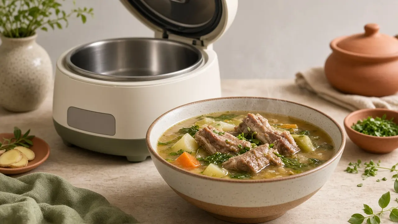 Bát canh sườn hầm rau củ đặt cạnh nồi áp suất điện đang mở nắp