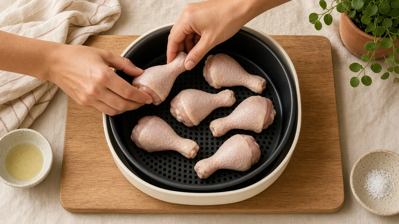 Tay xếp đùi gà thành một lớp, chừa khoảng trống trong giỏ nồi chiên